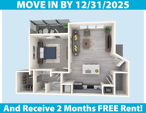 A 3D floor plan of an apartment with a kitchen, living room, and bedrooms, advertising a move-in date of December 31, 2025, and a 2-month free rent offer.